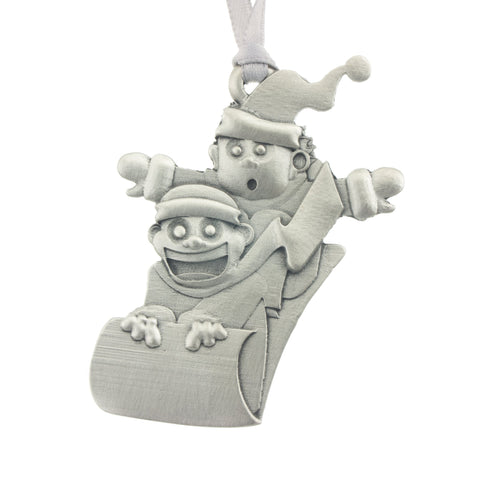 Toboggan Run Christmas Tree ornament. Made from Pewter. Silver ribbon. Made in Fredericton NB New Brunswick Canada