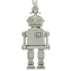 Toy Robot Christmas Tree ornament. Made from Pewter. Silver ribbon. Made in Fredericton NB New Brunswick Canada