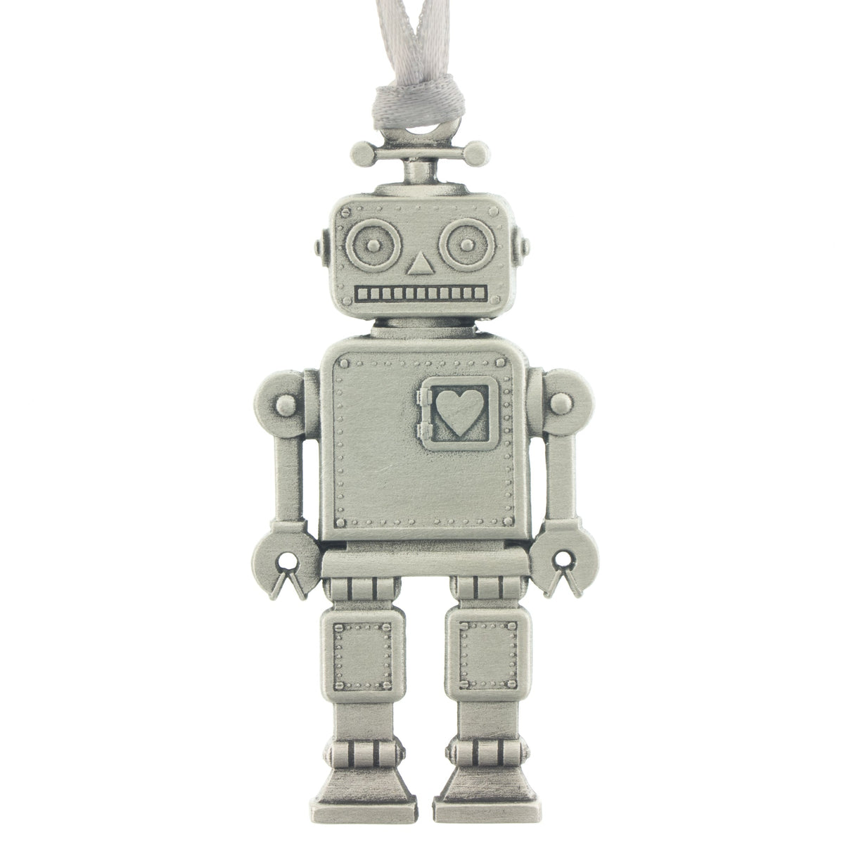 Toy Robot Christmas Tree ornament. Made from Pewter. Silver ribbon. Made in Fredericton NB New Brunswick Canada