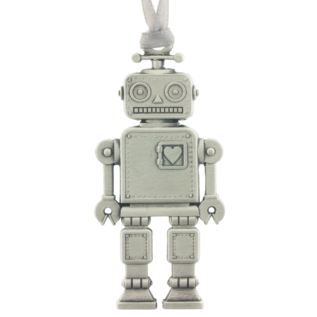 Toy Robot Christmas Tree ornament. Made from Pewter. Silver ribbon. Made in Fredericton NB New Brunswick Canada