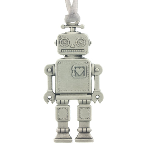 Toy Robot Christmas Tree ornament. Made from Pewter. Silver ribbon. Made in Fredericton NB New Brunswick Canada