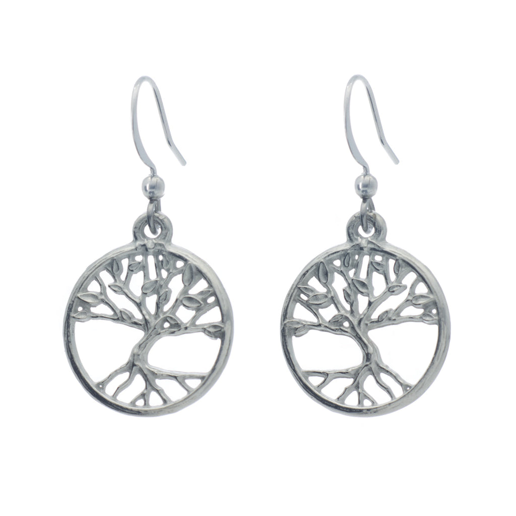 Tree of Life Earrings. Polish finish. Made from Pewter. Made in Fredericton NB New Brunswick Canada