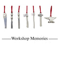 Workshop Memories pewter ornaments - saw, chisel, file, axe, hatchet, hammer and anvil on red ribbons