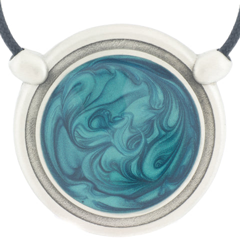 Inspiration Pendant. Teal Blue Enamel. Necklace. Black Cord. Made from Pewter.  Made in Fredericton NB New Brunswick Canada