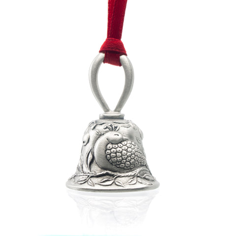 Partridge in a Pear Tree Christmas Bell, Made from Pewter. Red Ribbon. Made in Fredericton New Brunswick NB.
