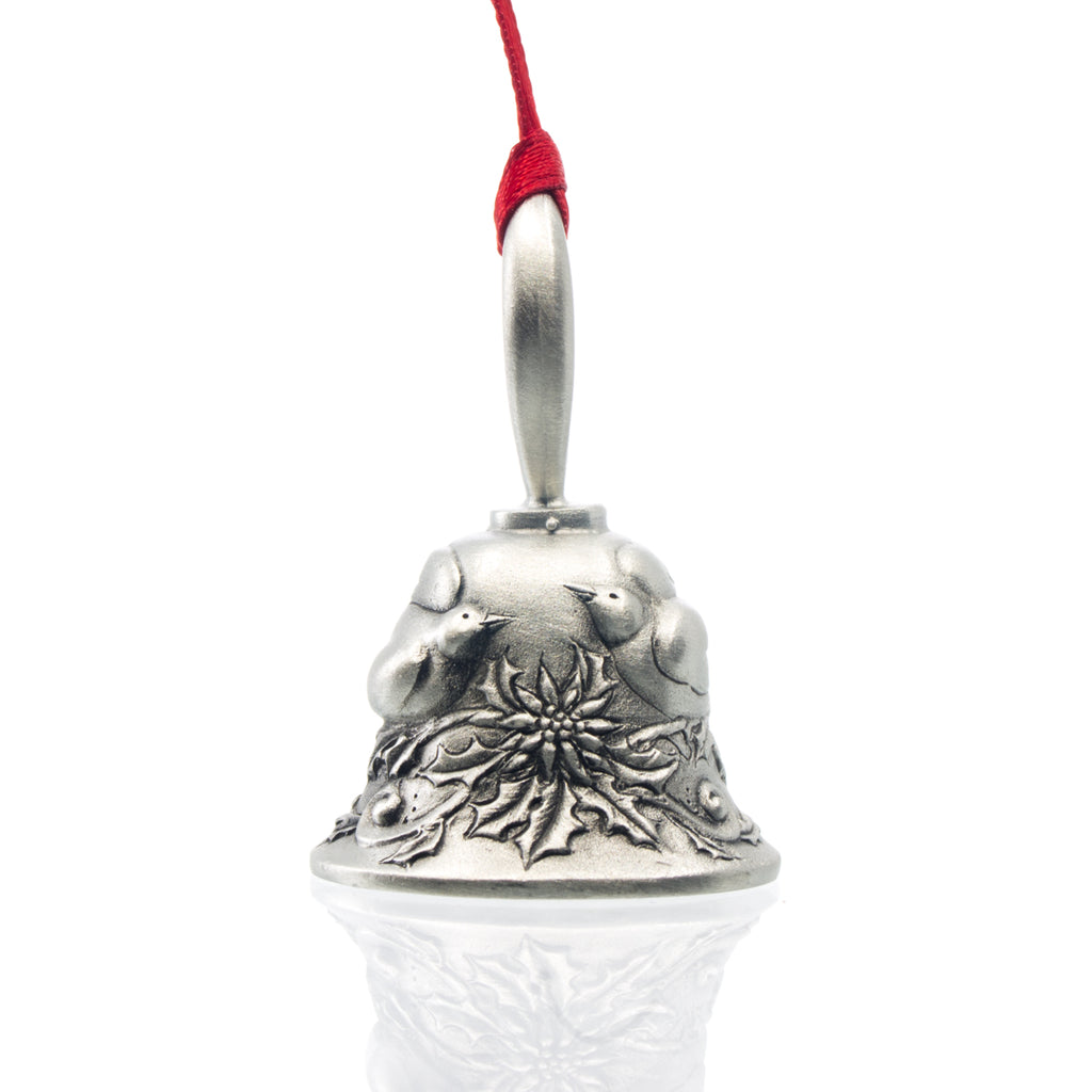 Two Turtle Doves Christmas Bell, Made from Pewter. Red Ribbon. Made in Fredericton New Brunswick NB.