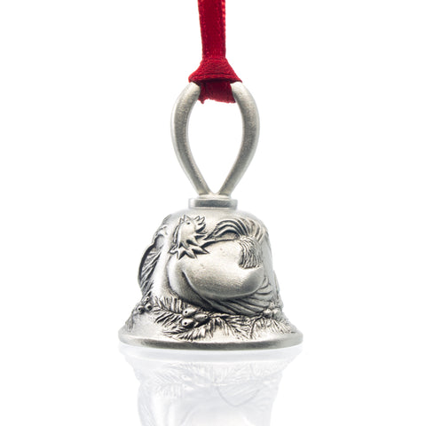 Three French Hens Christmas Bell, Made from Pewter. Red Ribbon. Made in Fredericton New Brunswick NB.