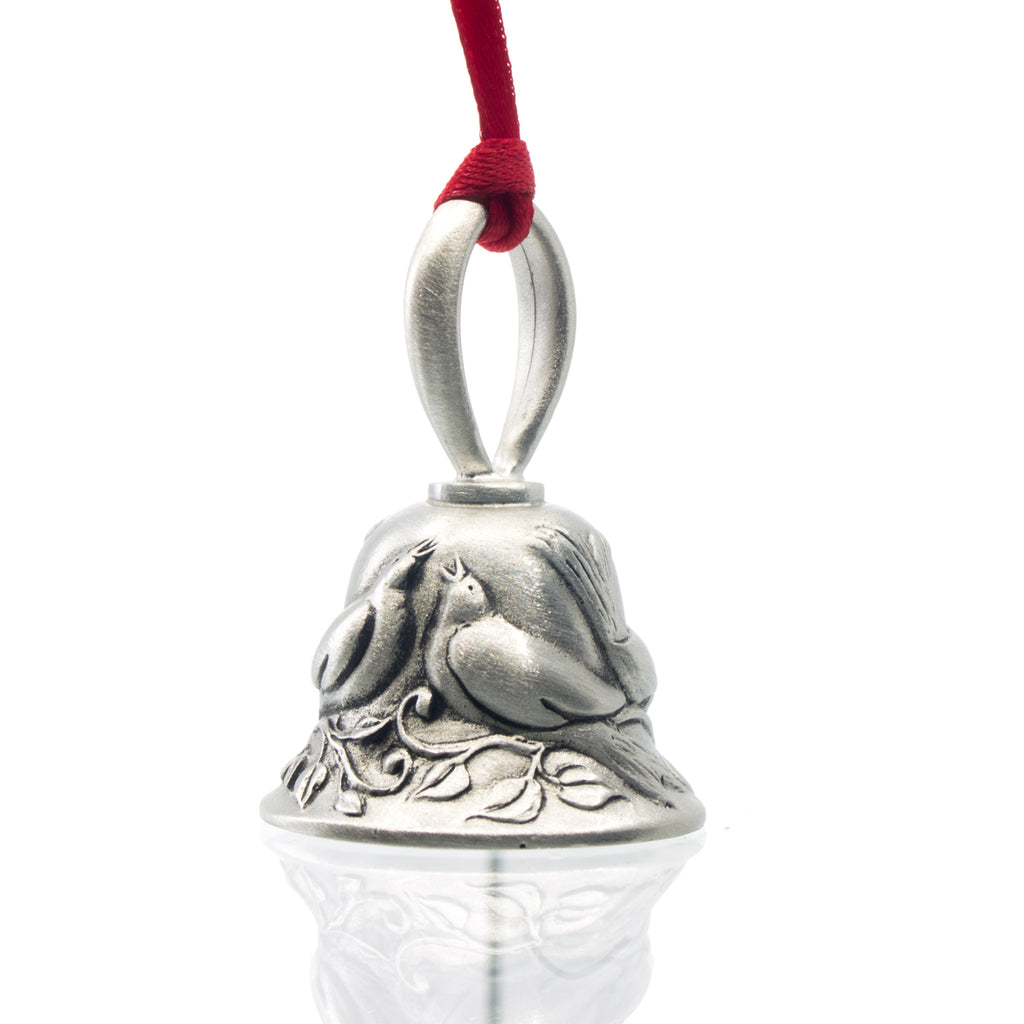 Four Calling Birds Christmas Bell, Made from Pewter. Red Ribbon. Made in Fredericton New Brunswick NB.