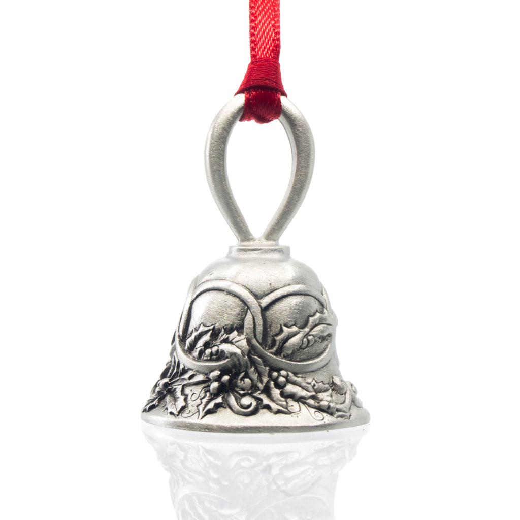 Five Golden Rings Christmas Bell, Made from Pewter. Red Ribbon. Made in Fredericton New Brunswick NB.