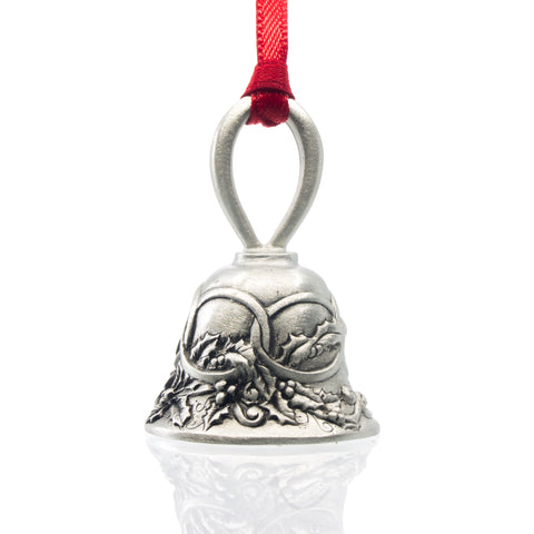 Five Golden Rings Christmas Bell, Made from Pewter. Red Ribbon. Made in Fredericton New Brunswick NB.