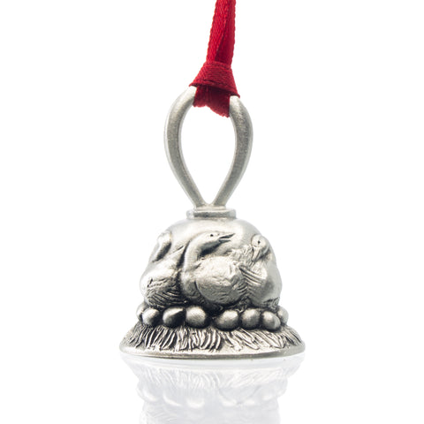 Six Geese A-Laying Christmas Bell, Made from Pewter. Red Ribbon. Made in Fredericton New Brunswick NB.