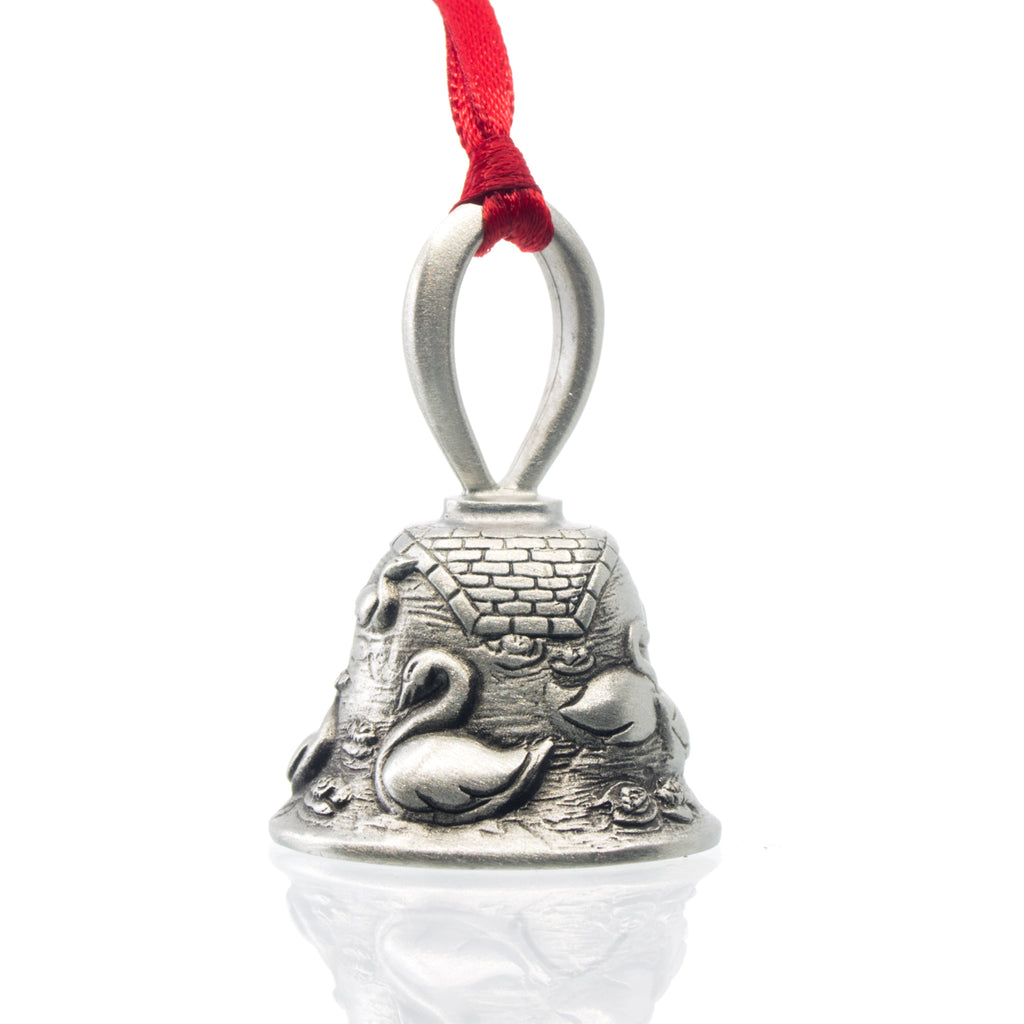 Seven Swans A-Swimming Christmas Bell, Made from Pewter. Red Ribbon. Made in Fredericton New Brunswick NB.