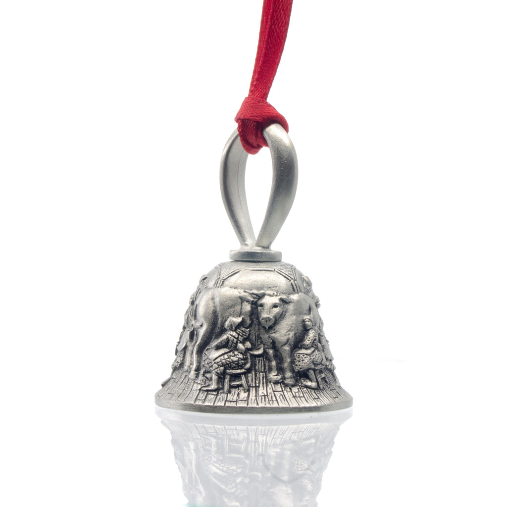 Eight Maids A-Milking Christmas Bell. Made from Pewter. Red Ribbon. Made in Fredericton New Brunswick NB.