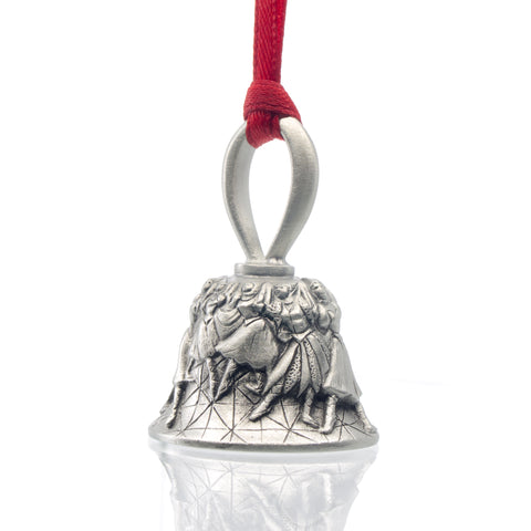 Nine Ladies Dancing Christmas Bell. Made from Pewter. Red Ribbon. Made in Fredericton New Brunswick NB.