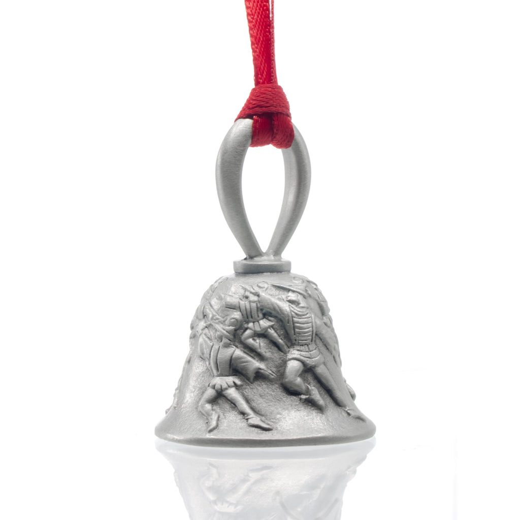Ten Lords A-Leaping Christmas Bell. Made from Pewter. Red Ribbon. Made in Fredericton New Brunswick NB.