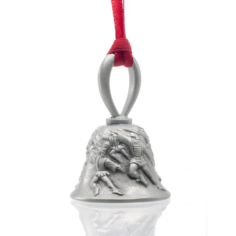 Ten Lords A-Leaping Christmas Bell. Made from Pewter. Red Ribbon. Made in Fredericton New Brunswick NB.