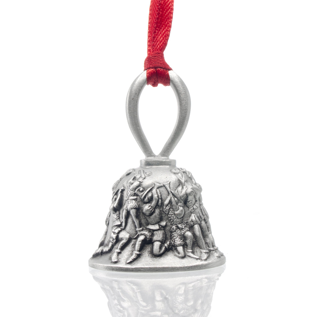 Eleven Pipers Piping Christmas Bell. Made from Pewter. Red Ribbon. Made in Fredericton New Brunswick NB.