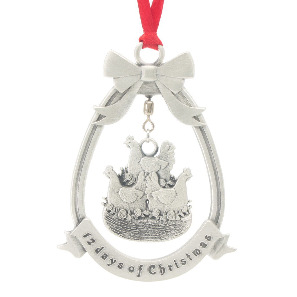 Three French Hens 12 Day of Christmas Tree ornament. Made from Pewter. Red ribbon. Made in Fredericton NB New Brunswick Canada