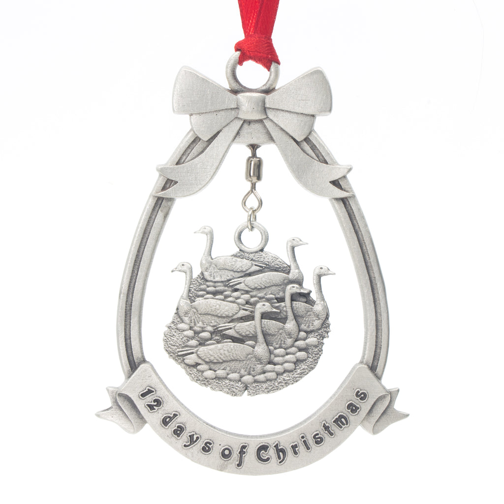 Six Geese A-laying 12 Day of Christmas Tree ornament. Made from Pewter. Red ribbon. Made in Fredericton NB New Brunswick Canada