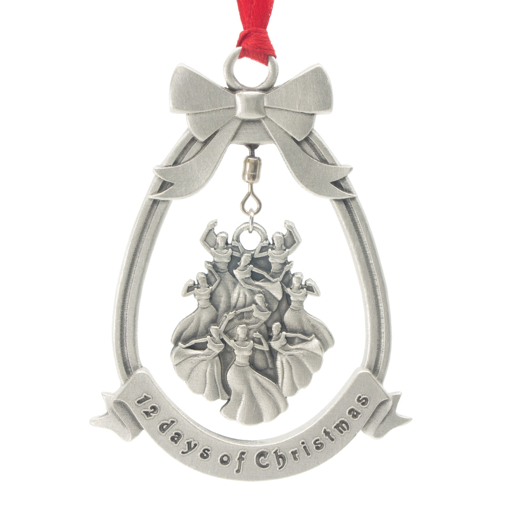 Nine Ladies Dancing 12 Day of Christmas Tree ornament. Made from Pewter. Red ribbon. Made in Fredericton NB New Brunswick Canada