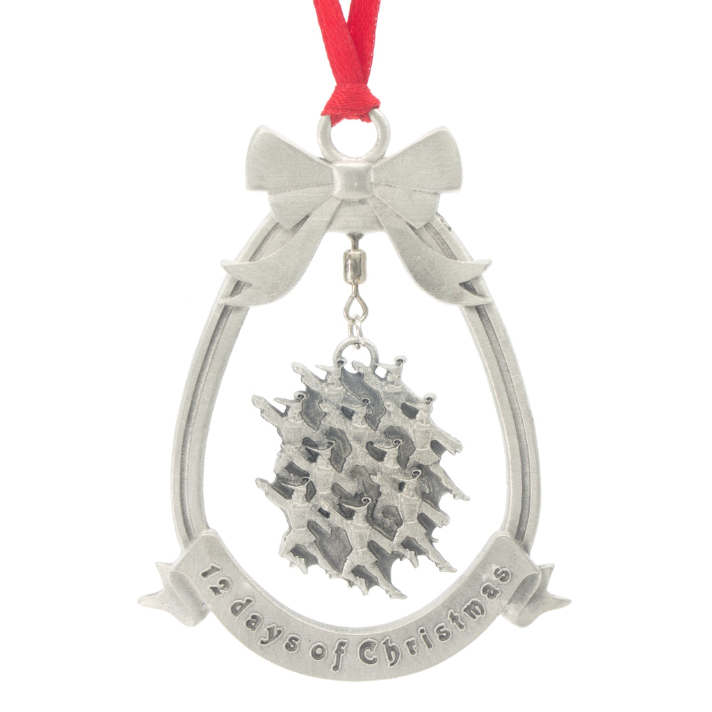 Ten Lords a-leaping. !2 Day of Christmas Tree ornament. Made from Pewter. Red ribbon. Made in Fredericton NB New Brunswick Canada