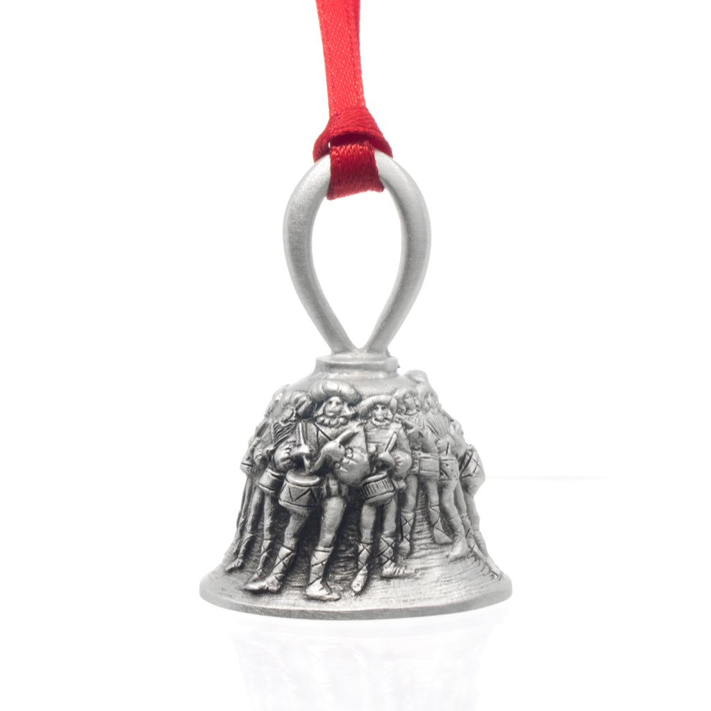 Twelve Drummers Drumming Christmas Bell. Made from Pewter. Red Ribbon. Made in Fredericton New Brunswick NB.