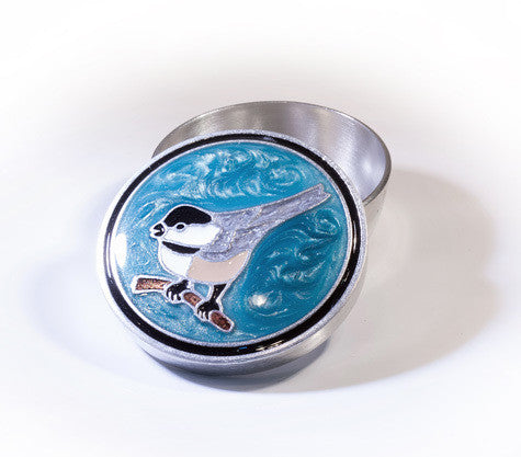 Chickadee Enamelled Blue and Grey Pewter Memory Box  