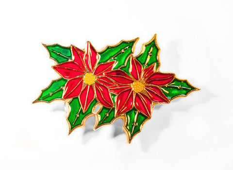 Red enamel Poinsettia Pewter Brooch with green enamel pewter leaves