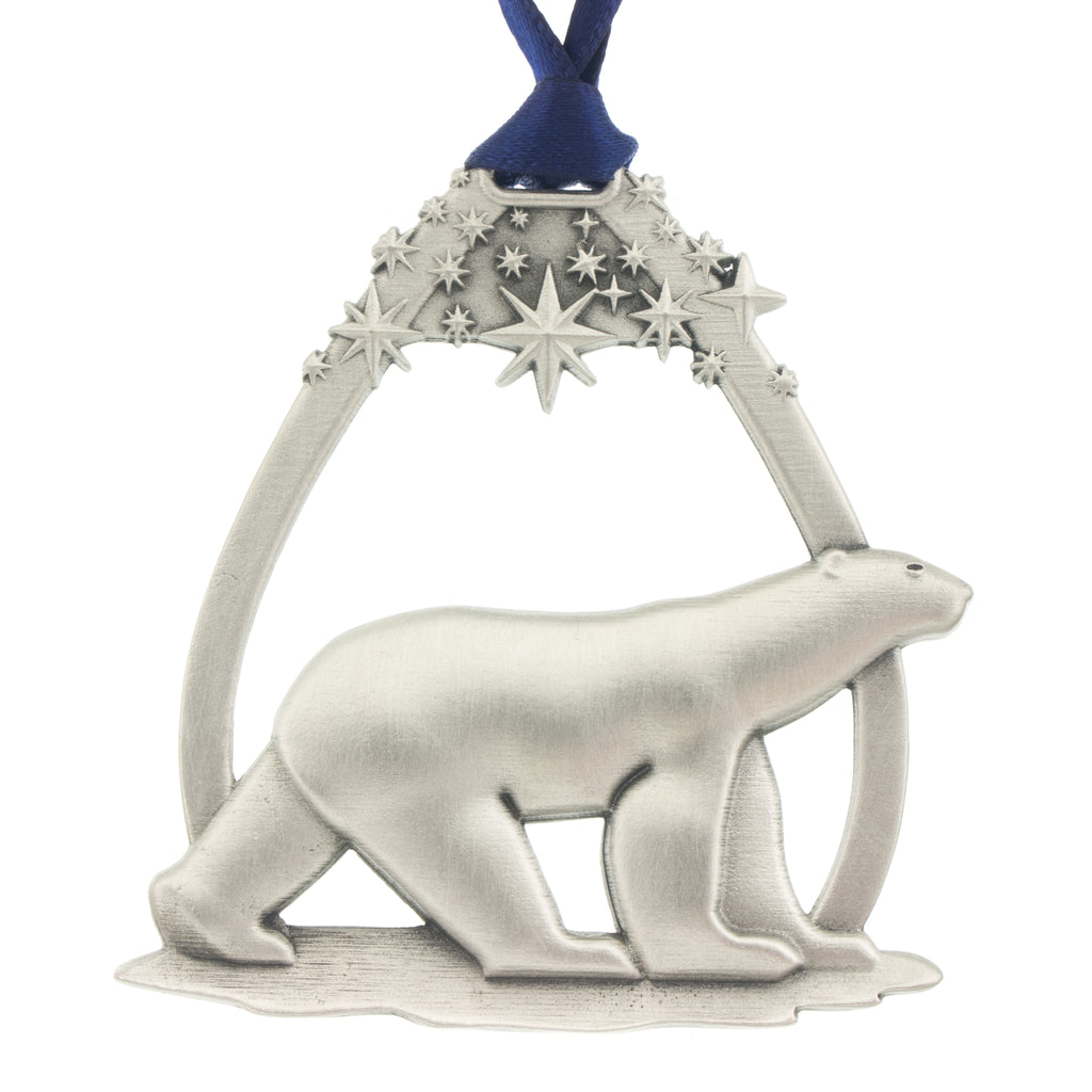 Starry Night Polar Bear. Annual Series. 2008. Christmas Tree ornament. Made from Pewter. Blue ribbon. Made in Fredericton NB New Brunswick Canada