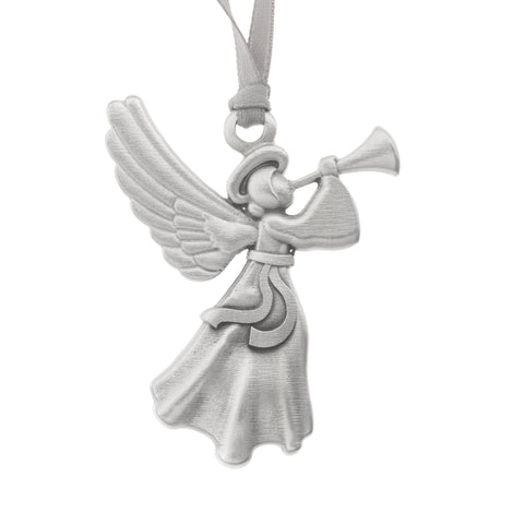 Angel Christmas ornament made from pewter playing a horn.  Silver ribbon.  Made in Fredericton NB New Brunswick Canada