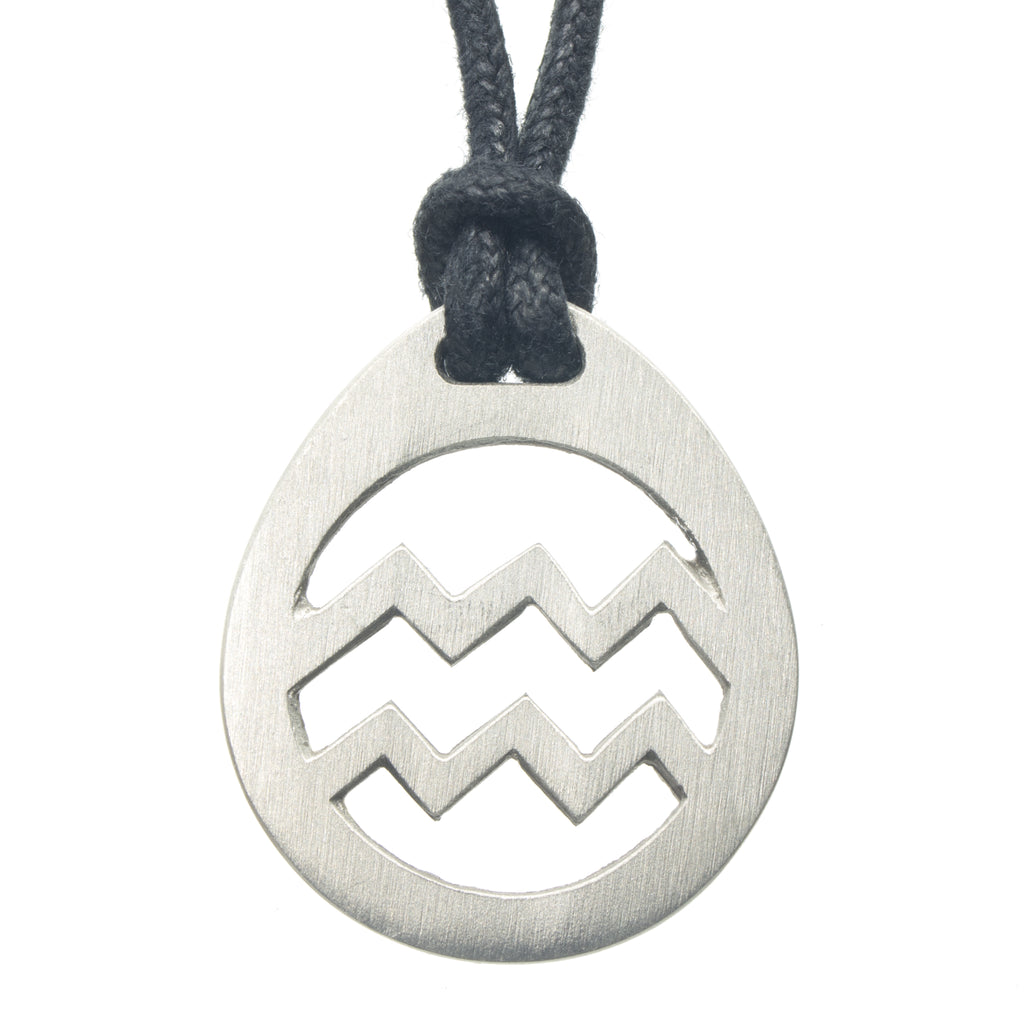 Aquarius Zodiac Pendant. Made from Pewter. Black cord. Necklace. Made in Fredericton NB New Brunswick Canada