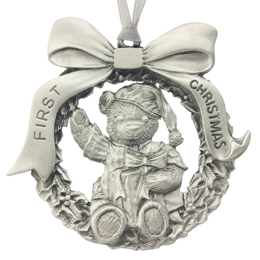 Baby's First Christmas Tree ornament. Engraving. Engravable. Made from Pewter. Silver ribbon. Made in Fredericton NB New Brunswick Canada