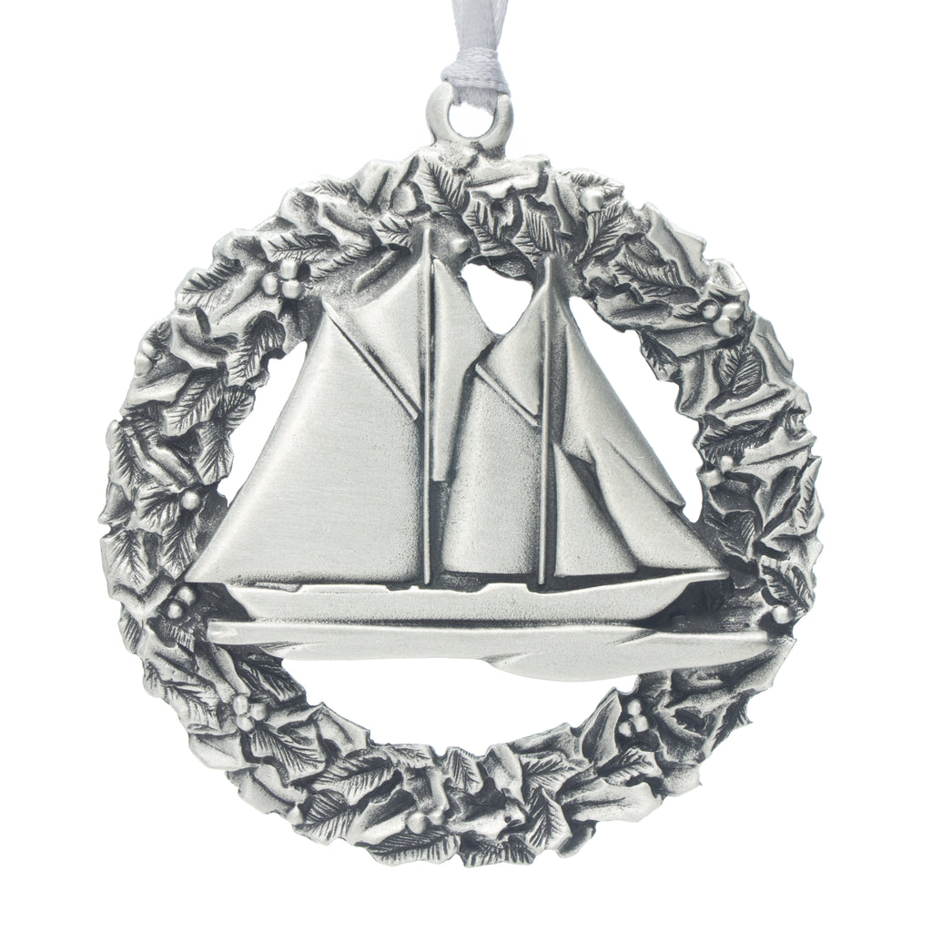 Bluenose Wreath Christmas Tree ornament. Made from Pewter. Silver ribbon. Made in Fredericton NB New Brunswick Canada