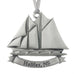 Bluenose schooner on the water, above a banner reading "Halifax, NS." Christmas Tree ornament. Made from Pewter. Silver ribbon. Made in Fredericton NB New Brunswick Canada