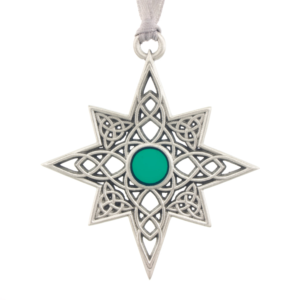 Celtic. Star. Green Enamel. Christmas Tree ornament. Made from Pewter. Silver ribbon. Made in Fredericton NB New Brunswick Canada