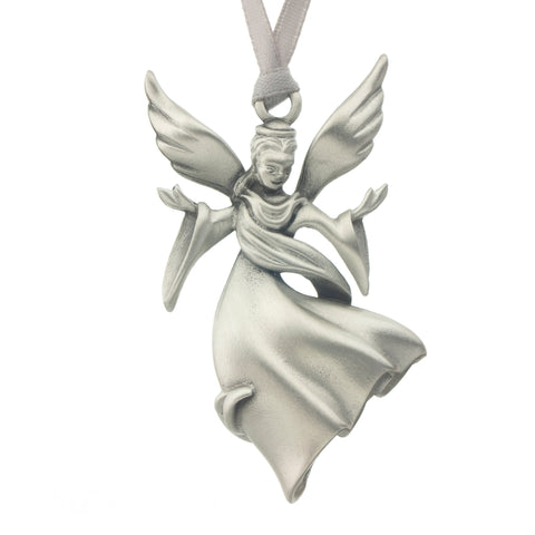 Angel in long robe. Christmas Tree ornament. Made from Pewter. Silver ribbon. Made in Fredericton NB New Brunswick Canada