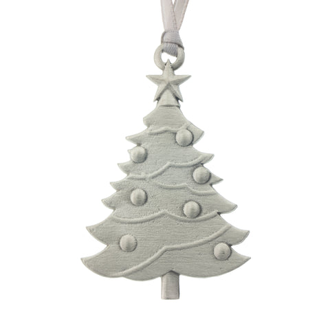 Christmas Tree ornament topped with a star and festooned with ornaments and garland. Made from Pewter. Silver ribbon. Made in Fredericton NB New Brunswick Canada