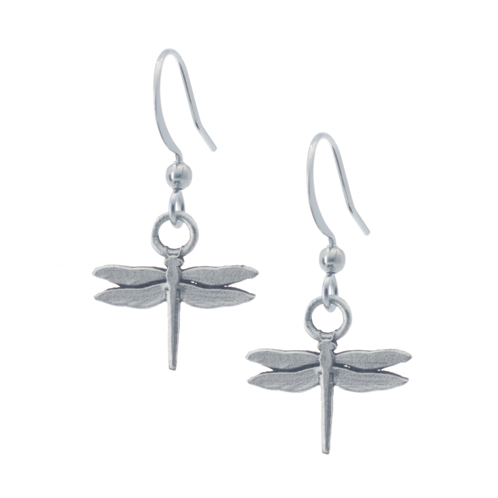 Dragonfly Earring. Satin finish. Made from Pewter. Made in Fredericton NB New Brunswick Canada