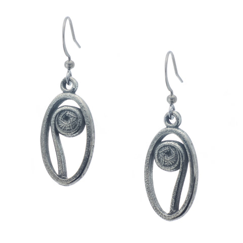 Fiddlehead Earring. Polish finish. Made from Pewter. Made in Fredericton NB New Brunswick Canada