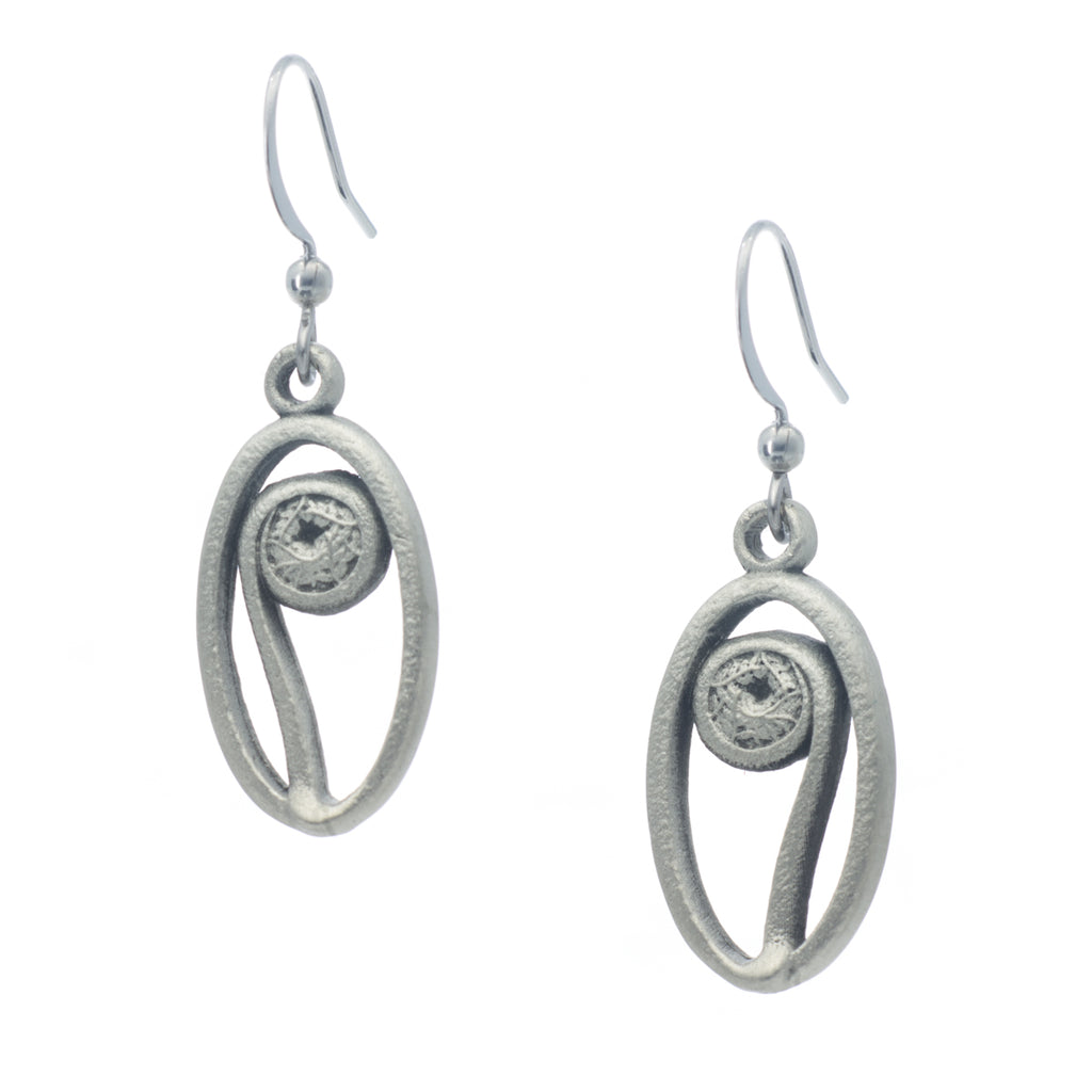 Fiddlehead Earring. Satin finish. Made from Pewter. Made in Fredericton NB New Brunswick Canada