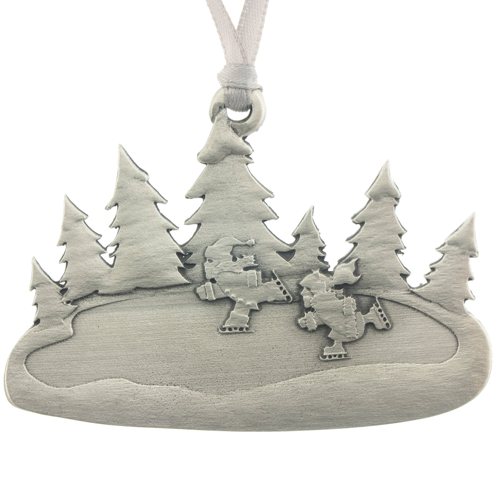 Frozen Pond Christmas Tree ornament. Made from Pewter. Silver ribbon. Made in Fredericton NB New Brunswick Canada