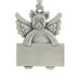 Teddy bear with angel wings holding an engravable sign. Christmas Tree ornament. Made from Pewter. Silver ribbon. Made in Fredericton NB New Brunswick Canada