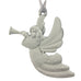 Angel in long robe playing a horn. Christmas Tree ornament. Made from Pewter. Silver ribbon. Made in Fredericton NB New Brunswick Canada