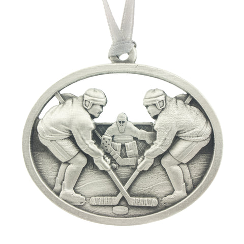 Face off! Christmas Tree ornament. Made from Pewter. Silver ribbon. Made in Fredericton NB New Brunswick Canada