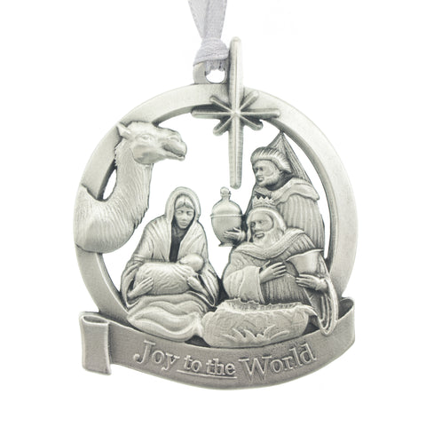 Joy to the World Christmas Tree ornament. Made from Pewter. Silver ribbon. Made in Fredericton NB New Brunswick Canada
