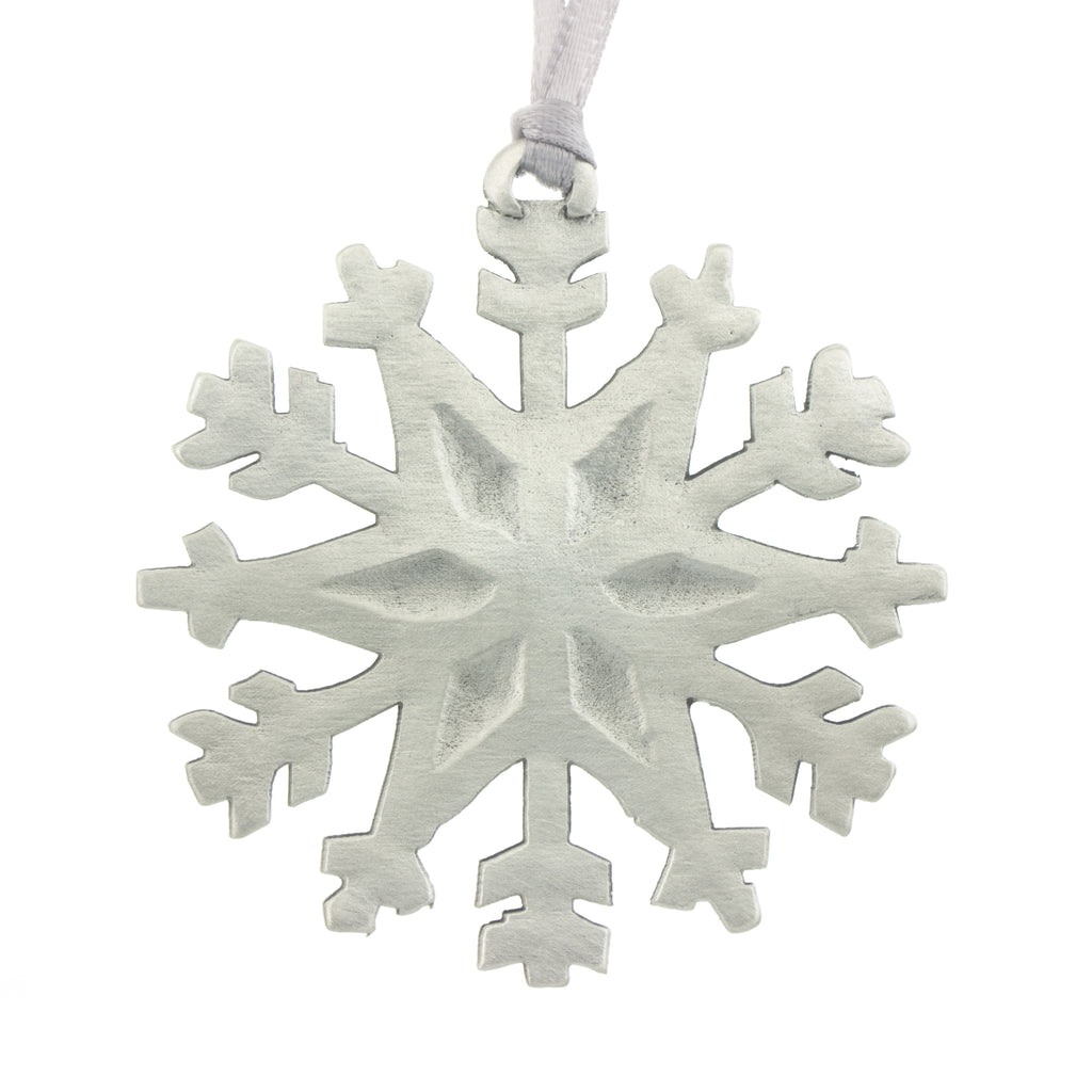 Fluffy Christmas Tree ornament. Let it Snow series. Made from Pewter. Silver ribbon. Made in Fredericton NB New Brunswick Canada