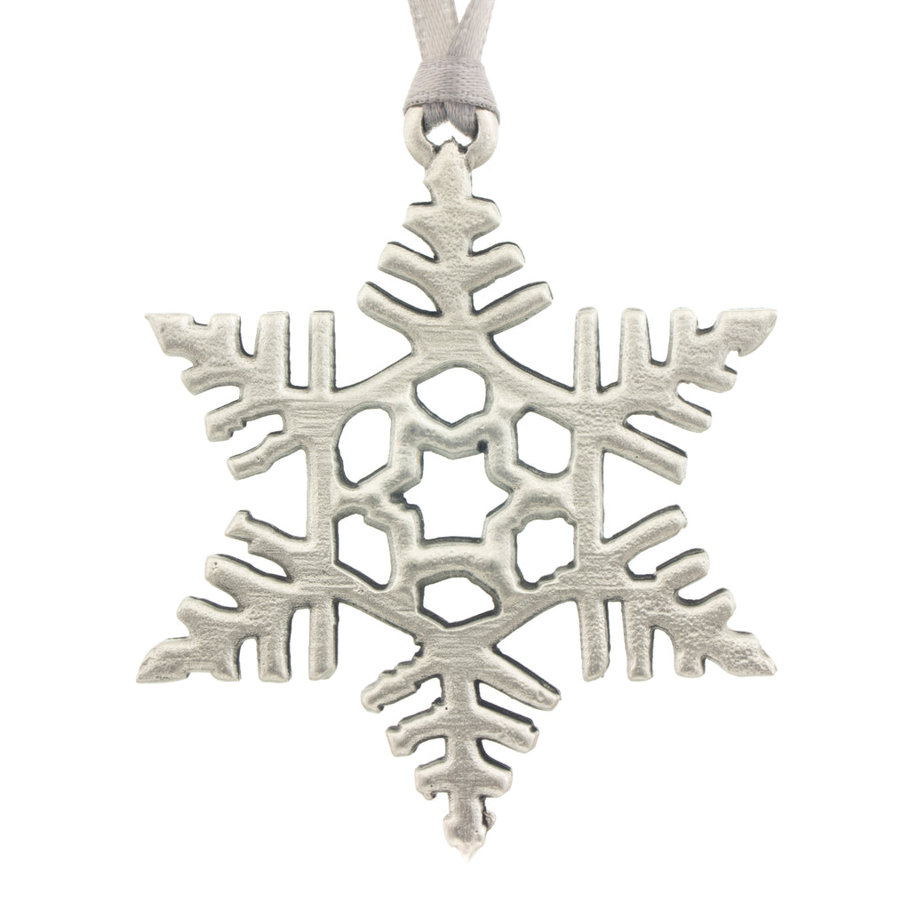 Frosty Christmas Tree ornament. Let it Snow series. Made from Pewter. Silver ribbon. Made in Fredericton NB New Brunswick Canada