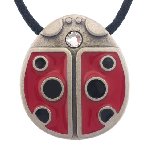 Ladybug Pendant. Made from Pewter and enamel. Black cord. Made in Fredericton NB New Brunswick Canada