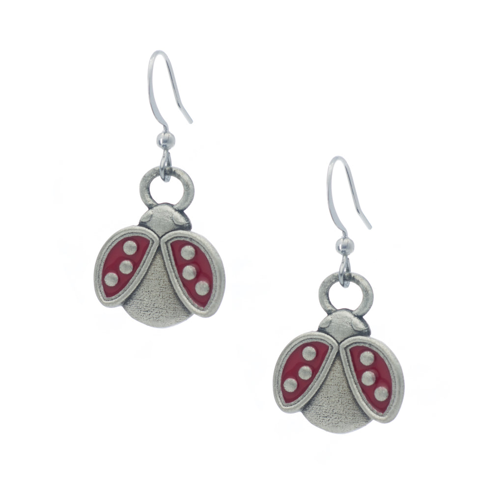 Ladybug Earring. Red enamel. Made from Pewter. Made in Fredericton NB New Brunswick Canada