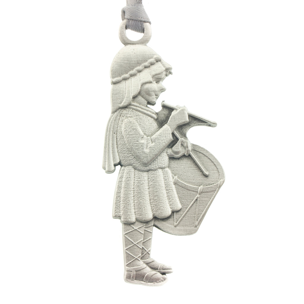 Little Drummer Boy Christmas Tree ornament. Made from Pewter. Silver ribbon. Made in Fredericton NB New Brunswick Canada